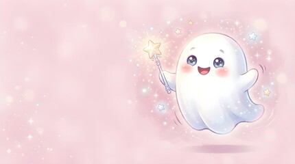 Obraz premium Cute Ghost Sparkly Wand Magic Halloween Cartoon