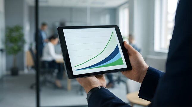 Professional holding a tablet displaying a rising financial growth chart