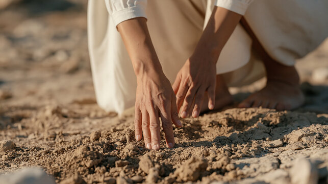 A nutrition coach presses her bare palms into a patch of dry cracked earth in an empty desolate landscape, the texture speaking of both soil scarcity and dietary deficiency, a