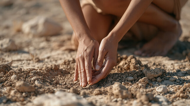 A nutrition coach presses her bare palms into a patch of dry cracked earth in an empty desolate landscape, the texture speaking of both soil scarcity and dietary deficiency, a