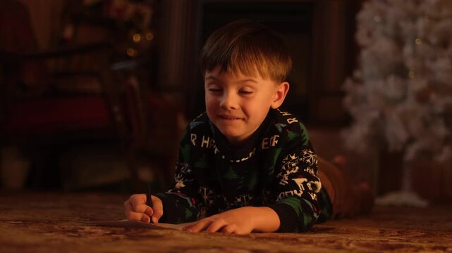 Little boy writing letter to Santa Claus lying on the floor in cozy room decorated for Christmas.