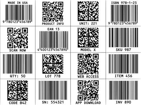 Universal barcode and QR code set, 16 retail scanning icons, black and white product identification labels for logistics and inventory