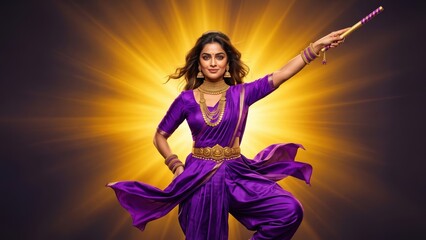 Fototapeta premium Indian Woman in Purple Fusion Lehenga – Powerful Dandiya Pose. 