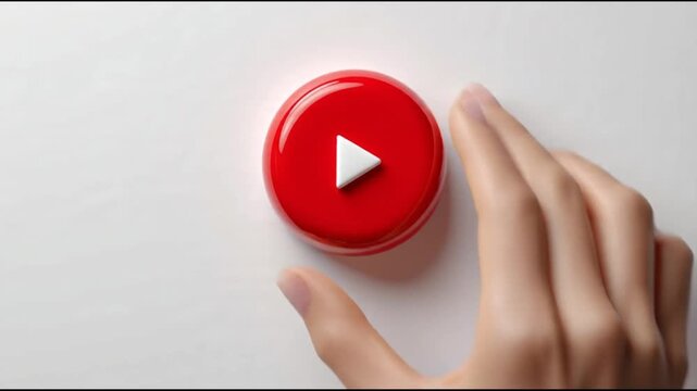 Hand pressing red play button to subscribe video channel