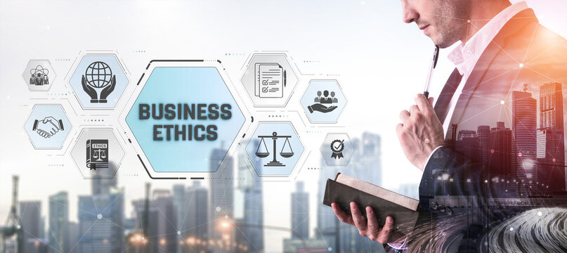 Business Ethics Concept with Professional Businessman Holding Book Under Urban Skyline and Digital Icons Representing Ethical Practices and Responsibilities in Business Sigmoid