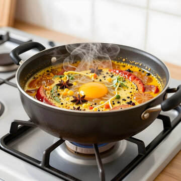 Healthy cooking and nutrition, fresh egg poaching in spicy broth with aromatic spices and herbs in a hot frying pan on a kitchen stove at home