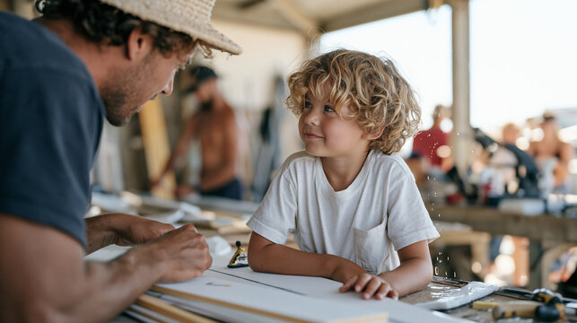 Child watching through a rain streaked window as a surf instructor repurposes broken board foam scraps into DIY buoyancy tools in a crowded public beachside workshop space during