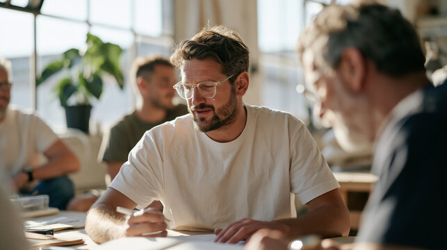 Man in an upholstery workshop apprenticing under an expert during a therapy style emotional processing session, a green plant on the sunlit windowsill nearby, the diverse team