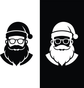 Minimalist vector illustration of santa claus head with glasses and beard presented in both black on white and white on black color variations