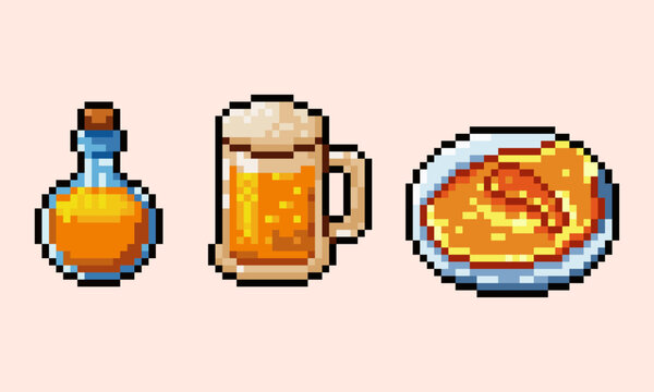 Pixel art set of food and beverage items including golden potion flask frothy beer mug and curry stew on plate perfect for retro RPG game inventory and UI assets