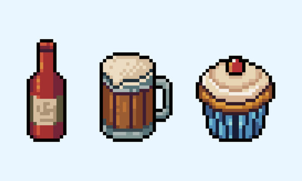 Pixel art set of beverage and dessert items including a glass bottle wooden beer tankard mug and sweet cherry cupcake perfect for retro RPG game inventory and UI assets