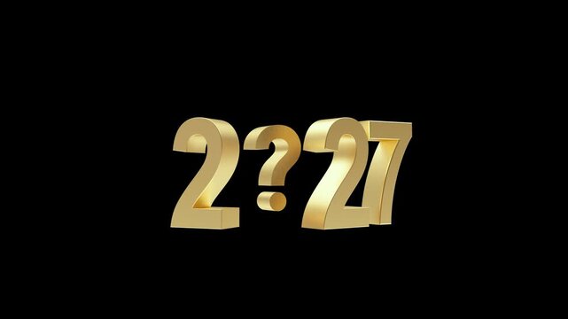 Shiny gold 2027 numerals with a central question mark appear against a black background, suggesting uncertainty, forecasting, planning, or future predictions in 3D animation