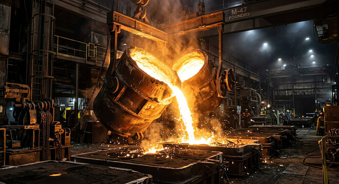 Molten metal pouring from industrial ladle in foundry