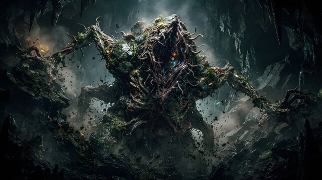 Terrifying alien monster creature attacking in a dark atmospheric fantasy forest.