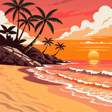 Tropical sunset beach scene vector illustration with palm trees and a warm color palette
