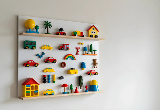 Early childhood development and creative play, magnetic toy set with colorful cars and houses on a wall mounted display board for kids learning