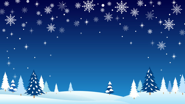 Winter landscape with snowflakes falling over a snowy field and evergreen forest under a starry blue night sky