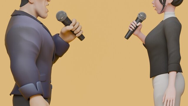 3D Characters Man and Woman Debating with Microphones, Business Discussion or Interview Concept with Copy Space on Yellow Background
