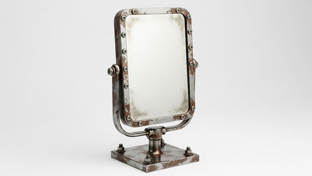 Vintage industrial metal desk mirror with a rustic weathered steel frame and bolts for home decor or an interior design project studio setting
