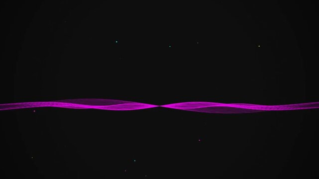 Abstract magenta line waves undulate across a black background with floating light particles.