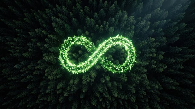 Glowing green infinity symbol made of leaves over a dense forest canopy