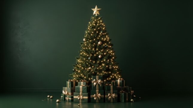 Merry Christmas Minimalist Christmas tree with dark green theme and gold star topper featuring wrapped gifts on dark background for seasonal decor
