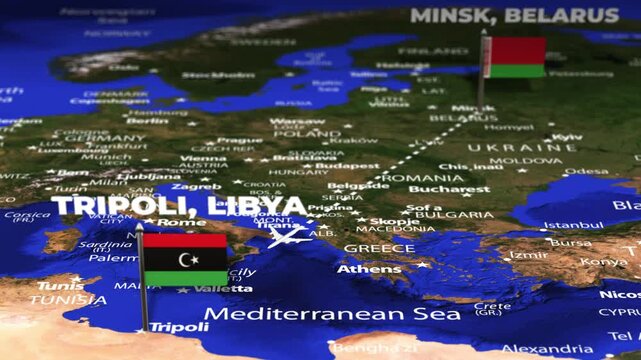 Flight From Minsk BELARUS to Tripoli LIBYA with flag pins