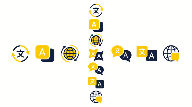 Multilingual translation icons in cross layout representing global language communication and localization services