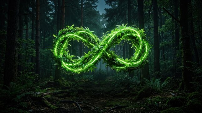 Glowing green infinity symbol made of plants and leaves in a dark forest