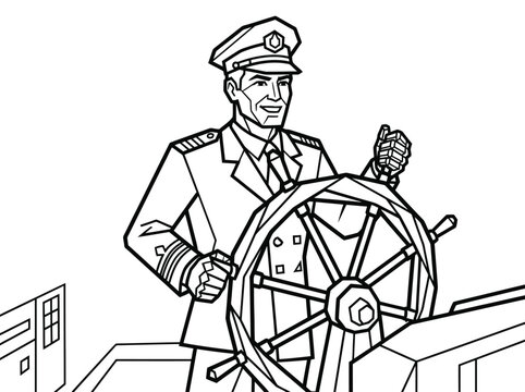 Captain steering ship wheel in uniform, line art illustration