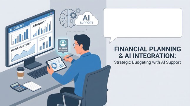 Professional financial analyst using artificial intelligence for strategic business budgeting and data forecasting on a computer.