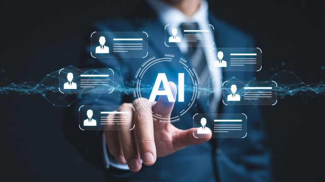 Professional man using artificial intelligence software for global human resource selection.