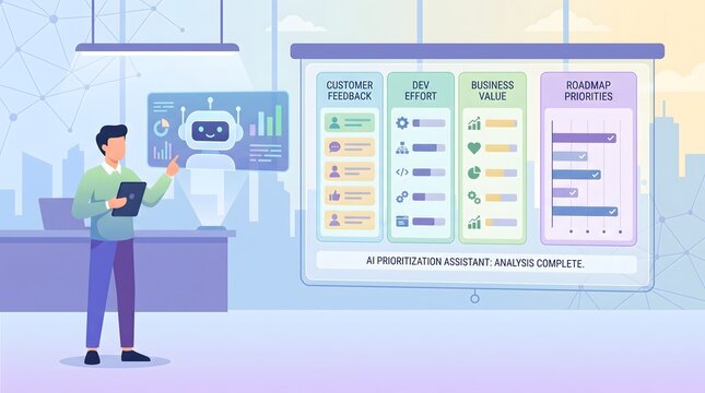Professional using artificial intelligence assistant for business strategy planning and project roadmap prioritization in modern office.