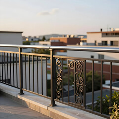 Obraz premium Urban living and real estate development, modern balcony railing with decorative metalwork overlooking a residential neighborhood at sunset