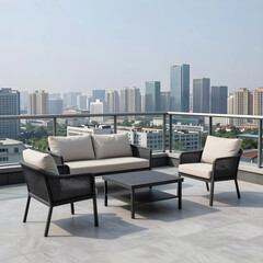 Obraz premium Urban lifestyle and luxury real estate, modern outdoor patio furniture set on a high rise balcony overlooking a city skyline with skyscrapers at daytime