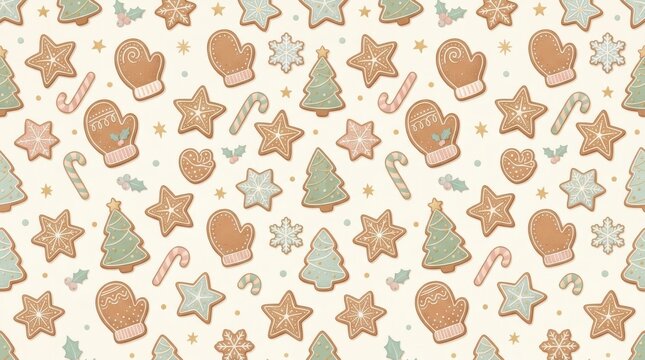Seamless Christmas pattern with gingerbread cookies candy canes and snowflakes