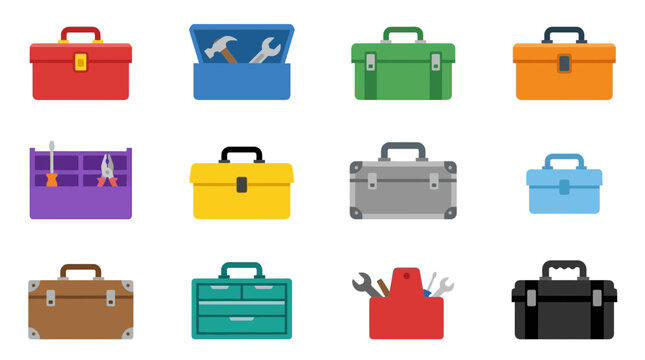 Set of Colorful Toolboxes and Work Equipment Icons