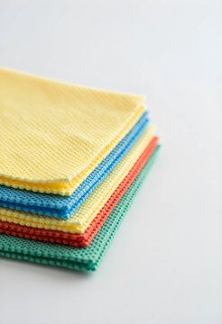 Cleaning and hygiene, stack of colorful microfiber cloths for household chores and sanitation maintenance on a clean white background