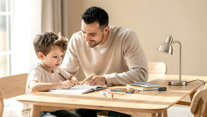Obraz premium Attentive father assisting his young son with writing homework at a wooden desk at home