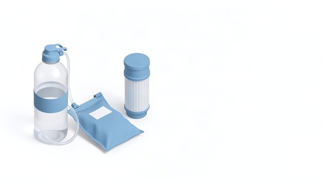 Minimal three dimensional render of blue and white reusable water bottles arranged in clean flat lay composition