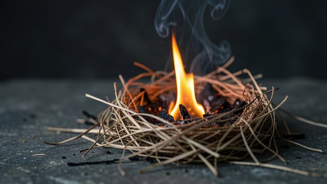 Small orange flame burning in dry straw tinder nest on dark stone surface with rising smoke