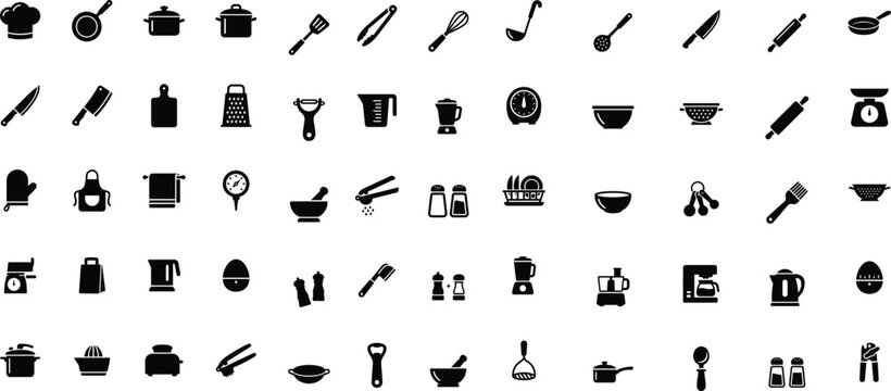 Kitchen and Cooking Icon Set &ndash; Black Glyph Collection of Chef Hat, Pan, Pot, Knife, Spatula, Whisk, Ladle, Grater, Blender, Chopping Board, Salt and Pepper, Bowl and Cooking Utensils Symbols