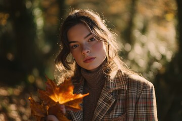 Naklejka premium Young woman wearing a brown turtleneck and checkered jacket holds an orange leaf while standing on a path covered with leaves in a woodland setting