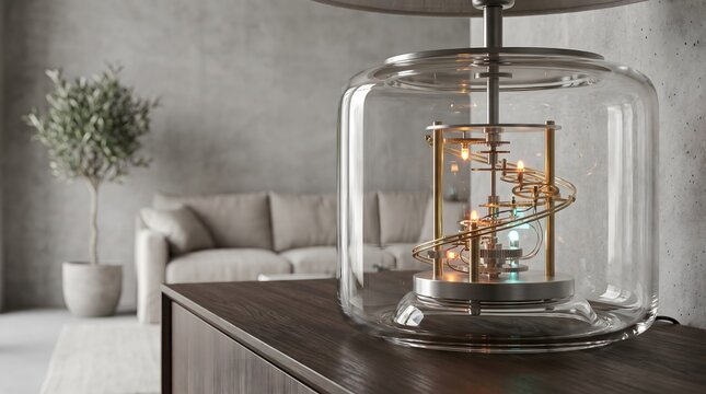 Modern designer lamp with intricate mechanical gears and glowing lights in minimalist interior