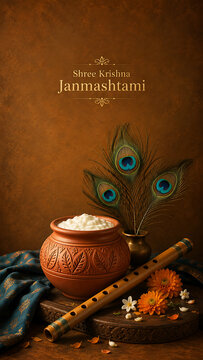 Krishna janmashtami celebration with lord krishna symbols featuring decorated butter pot wooden flute peacock feathers flowers and traditional festive cultural background design