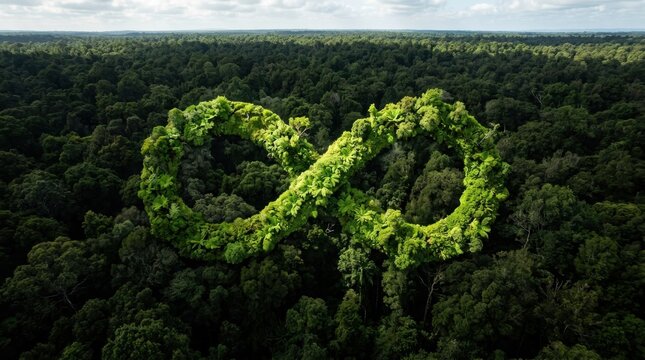 Infinity sign made of lush green foliage in an aerial forest view