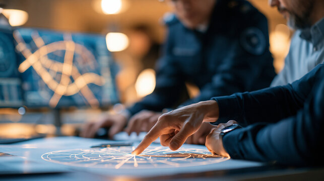 Detail-oriented indoor stock photo focusing on hands in uniform pointing to a non-textual printed radius map on a table inside a mobile command center. Glowing screens display digi