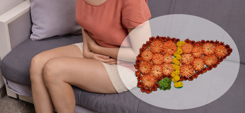 Woman sitting on a couch holding her aching stomach next to a floral liver illustration. Toxic hepatitis treatment, fatty liver, and cirrhosis diagnostics