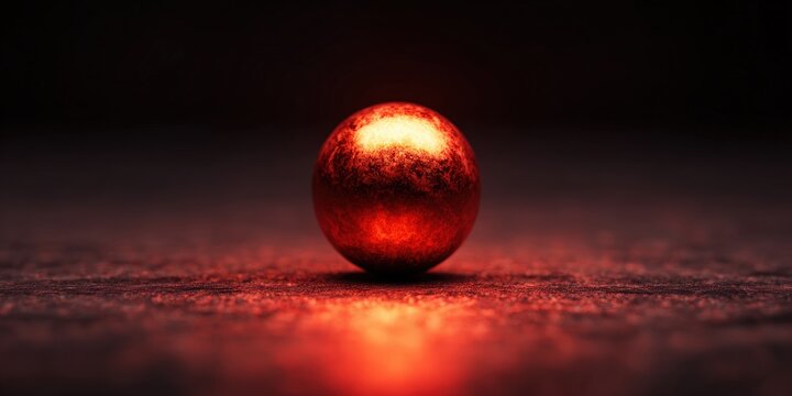 Glowing red sphere resting on dark textured surface with dramatic lighting representing illumination and mysterious energy in minimalist composition