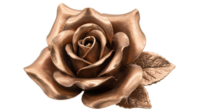 A single metallic bronze rose flower ornament with detailed petals and leaves isolated on a transparent background